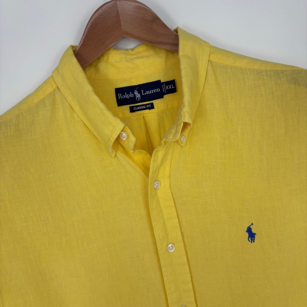 Polo Ralph Lauren 100% Linen Short Sleeve Button Down Shirt Men XXL Yellow Pony